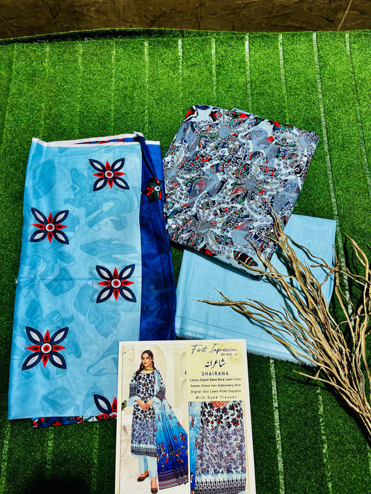 3 Piece Lawn Suit with Dupatta | Chikan Kari Daman | All Season Wear for Women”
