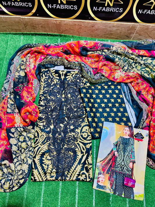 3 Piece Lawn Suit with Chiffon Dupatta | Embroidered Neck & Daman | Elegant All-Season Wear”