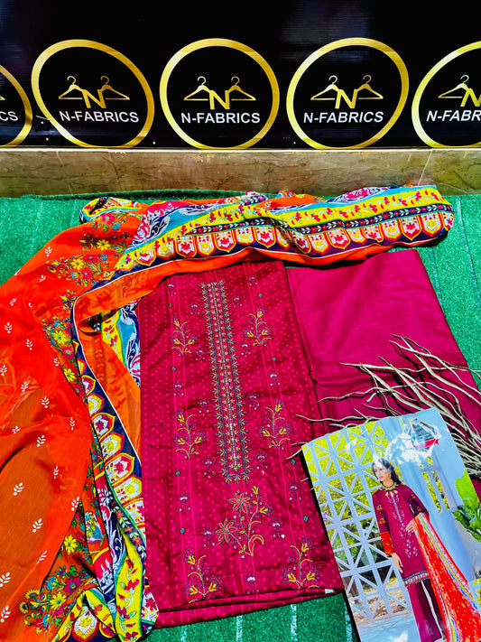 3 Piece Lawn Suit with Chiffon Dupatta | Embroidered Neck & Daman | Elegant All-Season Wear”
