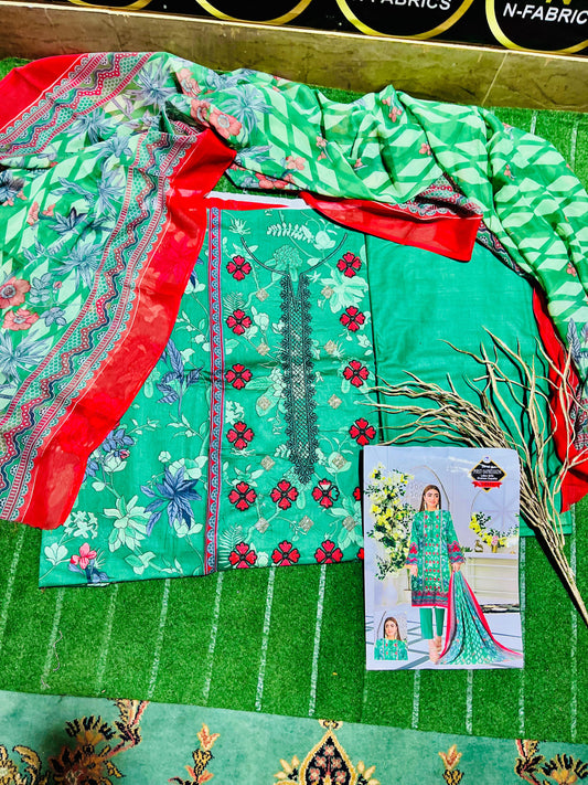 3 Piece Lawn Suit with Chiffon Dupatta | Embroidered Neck & Daman | Elegant All-Season Wear”