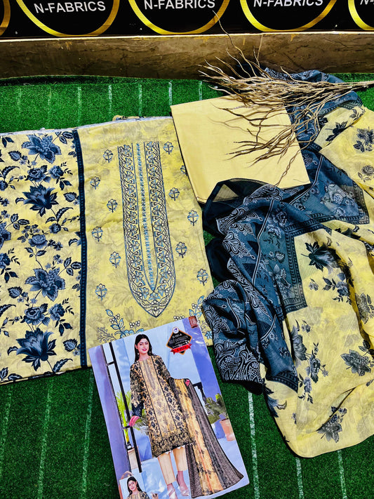 3 Piece Lawn Suit with Chiffon Dupatta | Embroidered Neck & Daman | Elegant All-Season Wear”