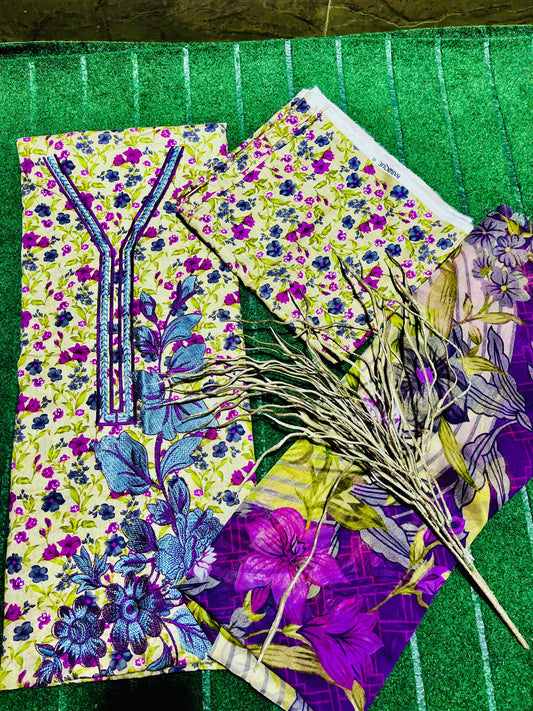 3 Piece Lawn Suit with Chiffon Dupatta | Embroidered Neck & Daman | Elegant All-Season Wear”
