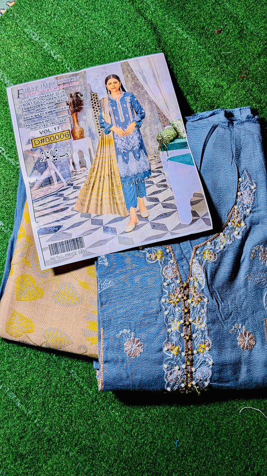 Handmade Embroidered Winter Outfit with Wool Shawl & Dyed Trouser