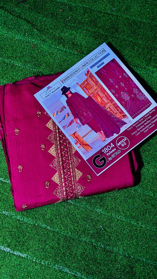 Luxury 2-Piece Fancy Linen Suit with Embroidered Front & Bamber Chiffon Dupatta”