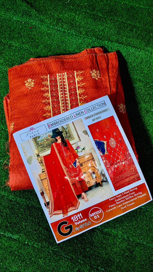 Luxury 2-Piece Fancy Linen Suit with Embroidered Front & Bamber Chiffon Dupatta”