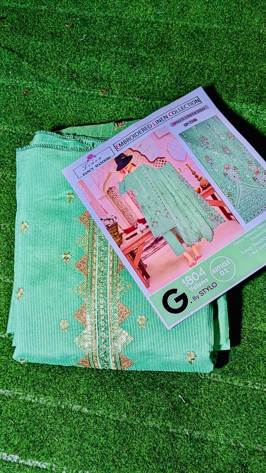 Luxury 2-Piece Fancy Linen Suit with Embroidered Front & Bamber Chiffon Dupatta”