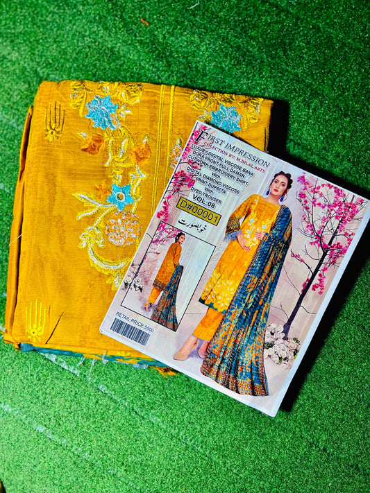 "Luxury Digital Viscose Banerdora Shirt with Front Fold Diamond Cutwork Embroidery, Paired with Digital Diamond Viscose Printed Dupatta and Dyed Trouser"