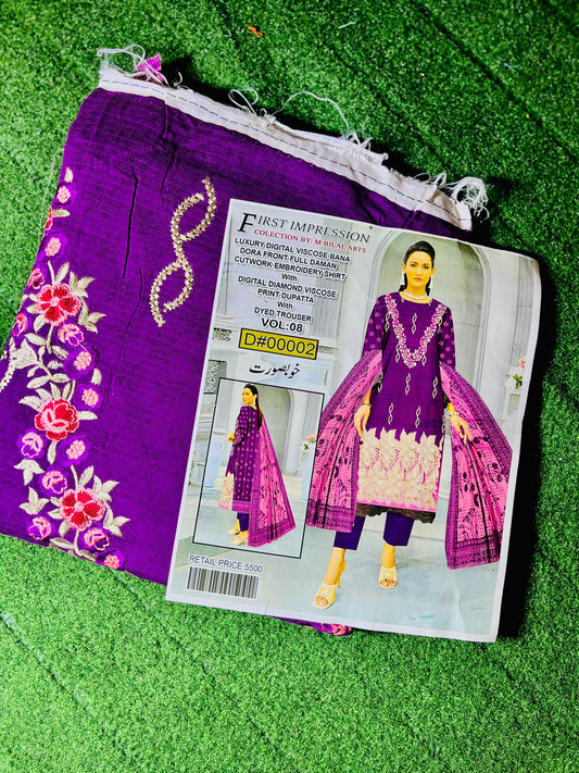 "Luxury Digital Viscose Banerdora Shirt with Front Fold Diamond Cutwork Embroidery, Paired with Digital Diamond Viscose Printed Dupatta and Dyed Trouser"