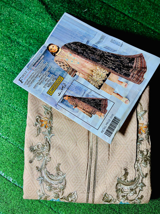 "Luxury Digital Viscose Banerdora Shirt with Front Fold Diamond Cutwork Embroidery, Paired with Digital Diamond Viscose Printed Dupatta and Dyed Trouser"