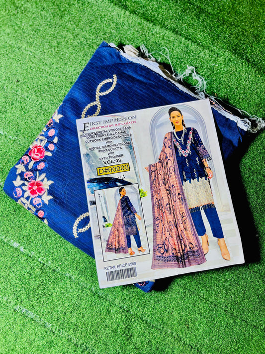 Luxury Digital Viscose Banerdora Shirt with Front Fold Diamond Cutwork Embroidery, Paired with Digital Diamond Viscose Printed Dupatta and Dyed Trouser"