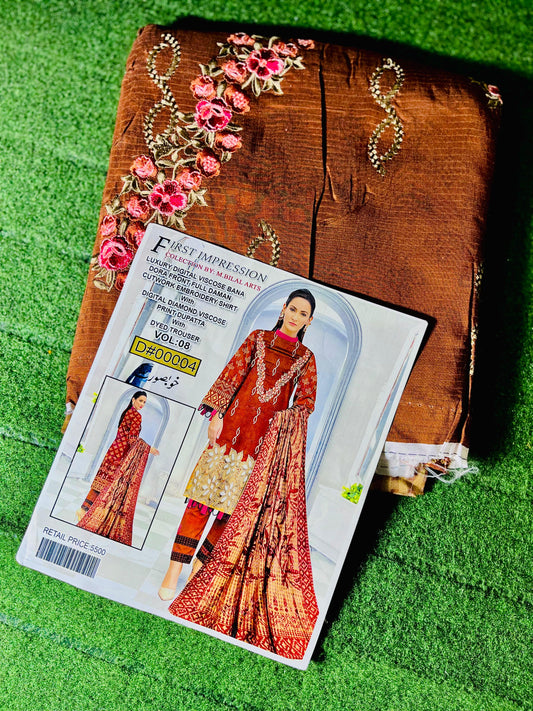 "Luxury Digital Viscose Banerdora Shirt with Front Fold Diamond Cutwork Embroidery, Paired with Digital Diamond Viscose Printed Dupatta and Dyed Trouser"