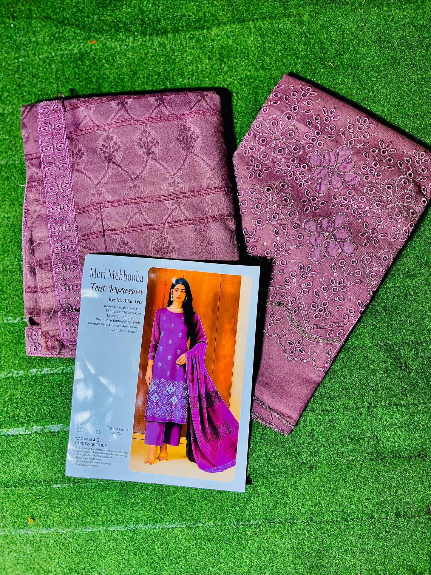 Luxury Dhanak Ensemble with Full Sequin Chikan Kari & Velvet Embroidered Shawl