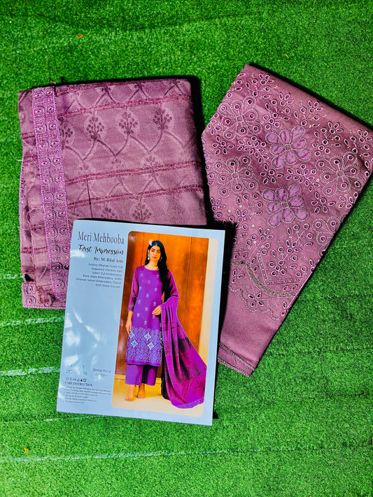 Luxury Dhanak Ensemble with Full Sequin Chikan Kari & Velvet Embroidered Shawl