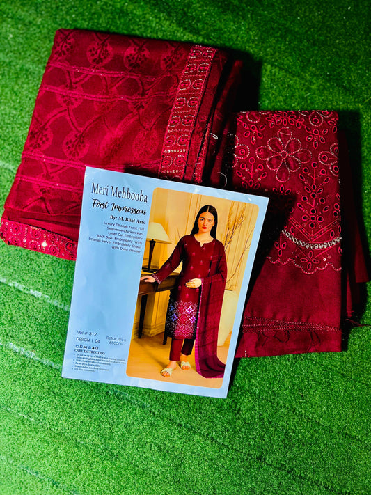 Luxury Dhanak Ensemble with Full Sequin Chikan Kari & Velvet Embroidered Shawl
