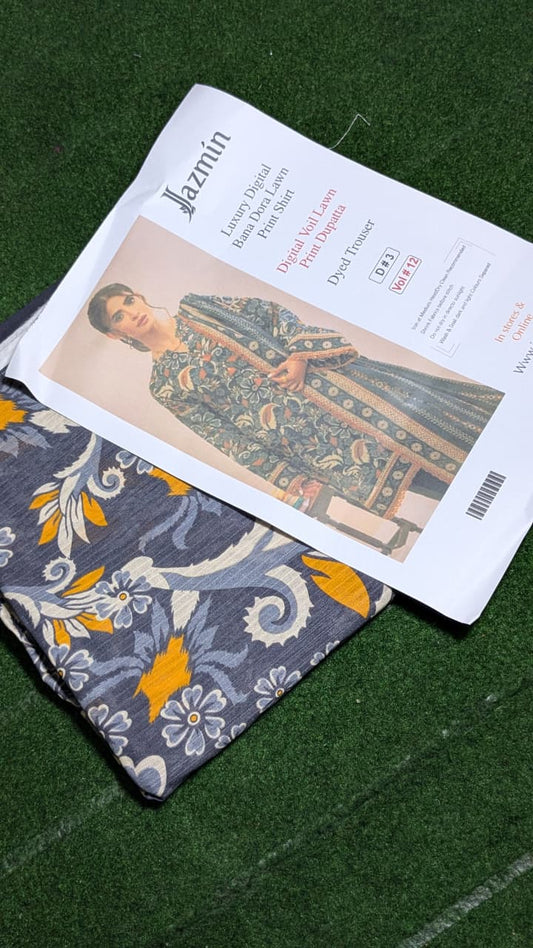 "Luxury Digital Banadora Lawn Shirt | Digital Voil Lawn Dupatta | Dyed Trouser"