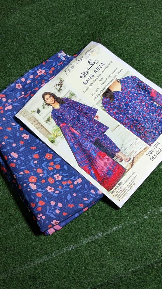 "Luxury Digital Banadora Lawn Shirt | Digital Voil Lawn Dupatta | Dyed Trouser"