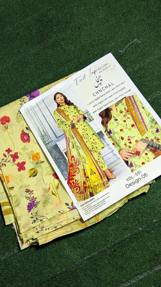 "Luxury Digital Banadora Lawn Shirt | Digital Voil Lawn Dupatta | Dyed Trouser"