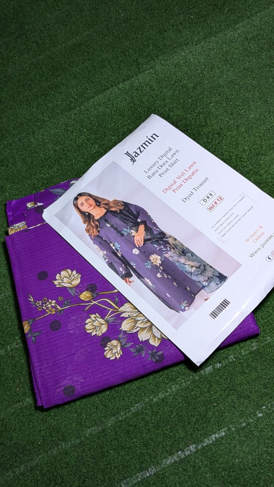 "Luxury Digital Banadora Lawn Shirt | Digital Voil Lawn Dupatta | Dyed Trouser"