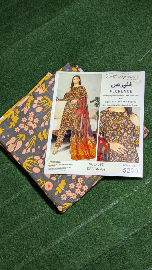 "Luxury Digital Banadora Lawn Shirt | Digital Voil Lawn Dupatta | Dyed Trouser"
