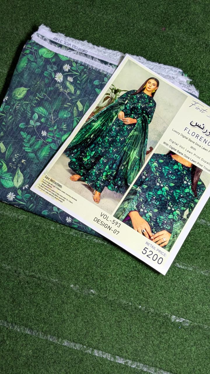 "Luxury Digital Banadora Lawn Shirt | Digital Voil Lawn Dupatta | Dyed Trouser"