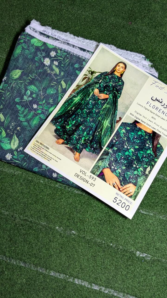"Luxury Digital Banadora Lawn Shirt | Digital Voil Lawn Dupatta | Dyed Trouser"