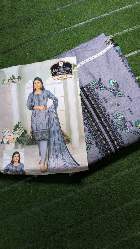 "Whispers of Elegance – Front Embroidered Khaddar Ensemble with Printed Dupatta"